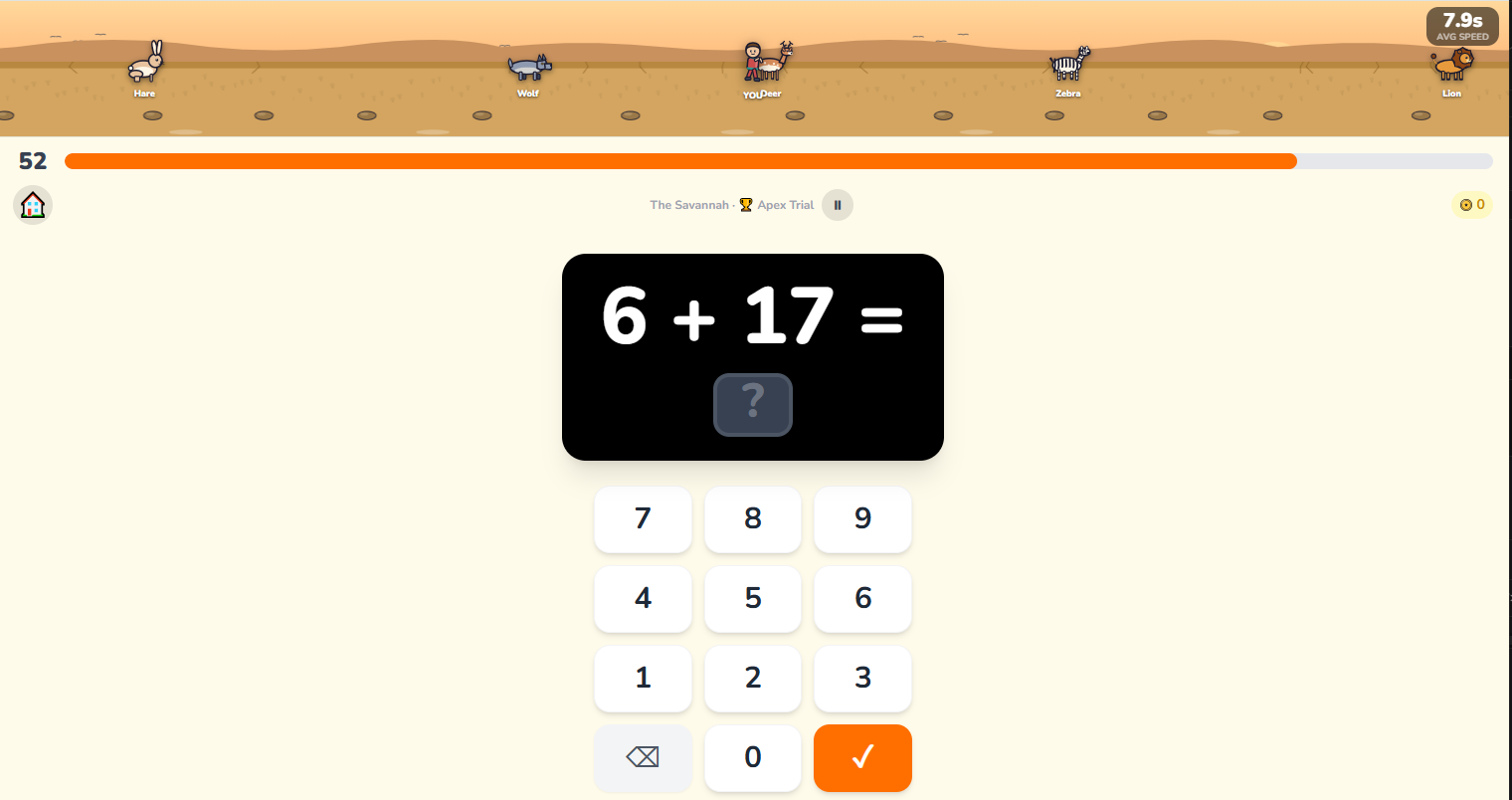 Race UI showing the runner moving across the Savannah track as a pupil answers